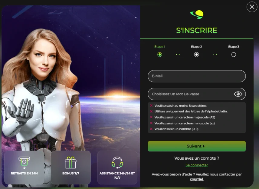 Formulaire d’inscription au casino Space Fortuna Play avec retraits en 24h bonus 7j/7 et assistance 24h/24