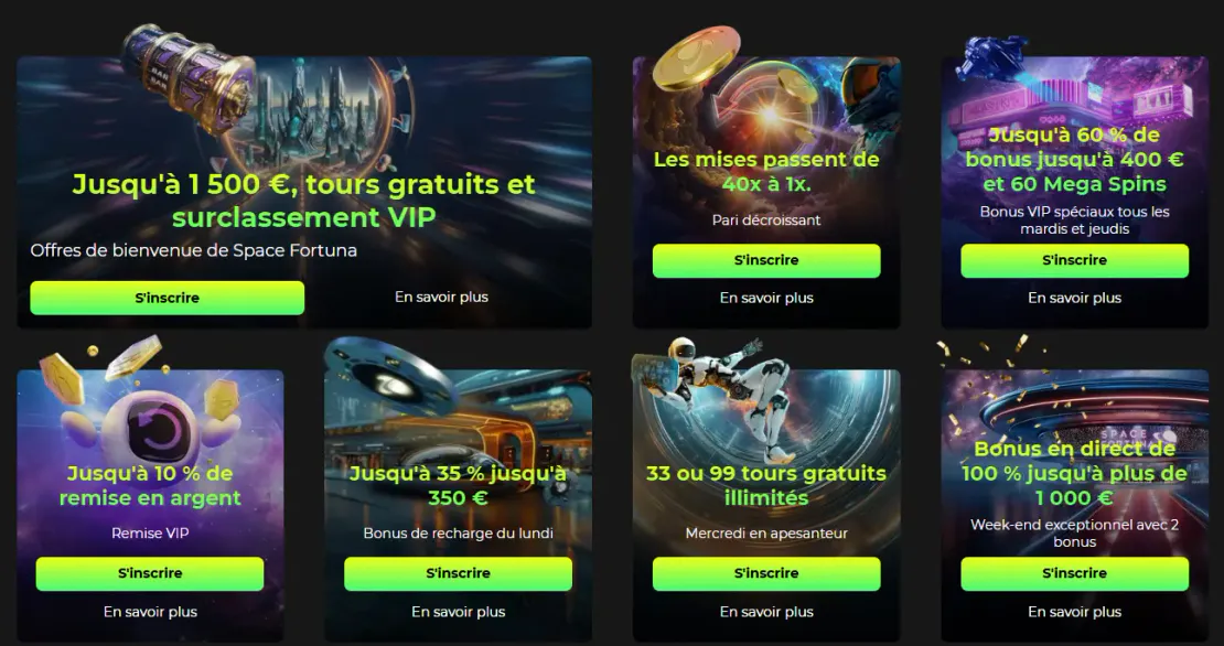 Promotions du casino Space Fortuna Play avec bonus de bienvenue cashback bonus VIP et tours gratuits